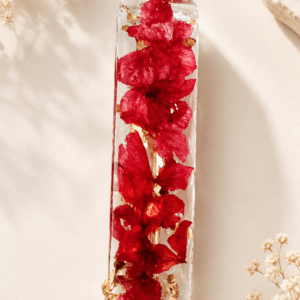 resin hair clip with real dried red flowers & gold flakes